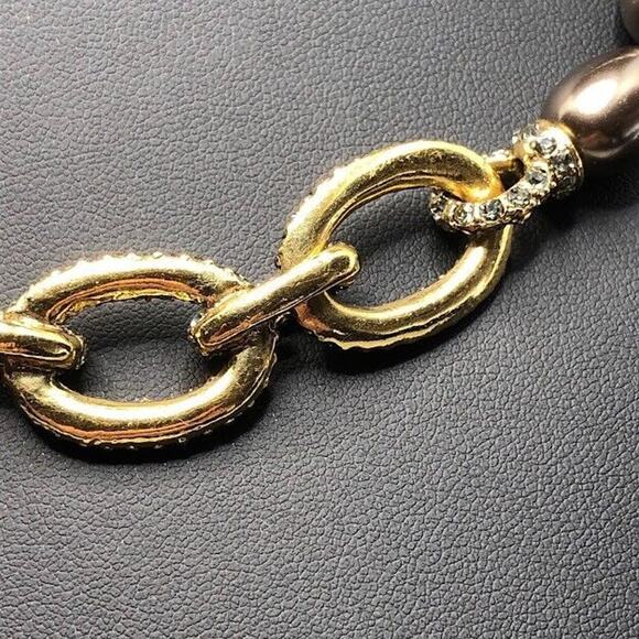 Monet Faux Pearl Necklace Taupe Brown Rhinestone Covered Links Vtg Runway Collar - Picture 9 of 12